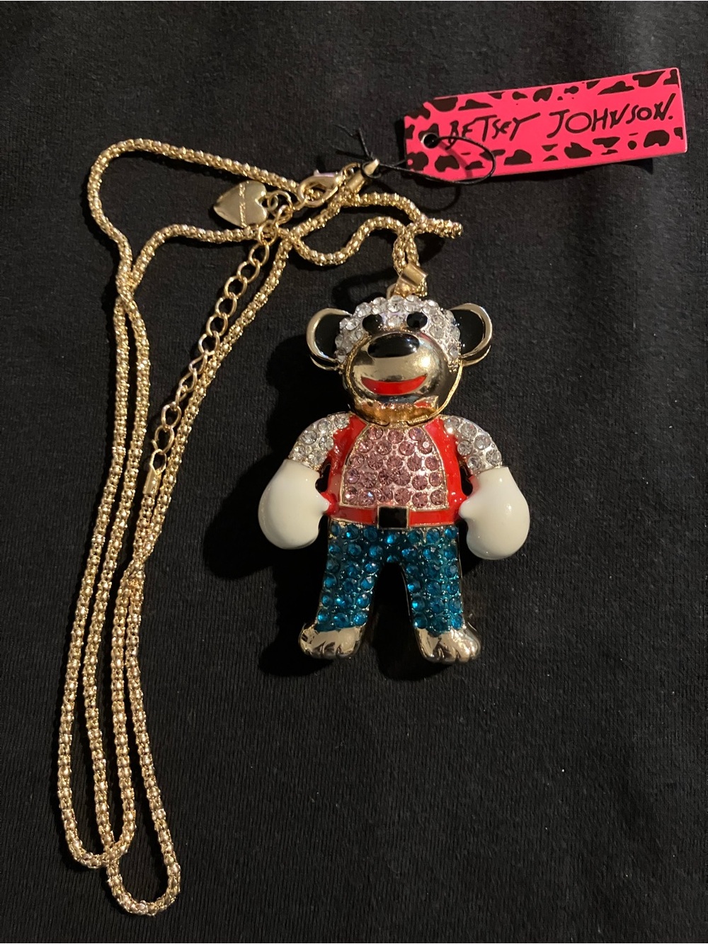 Betsey Johnson NWT Crystal Teddy Bear Boxing Pendant Necklace Gold Tone